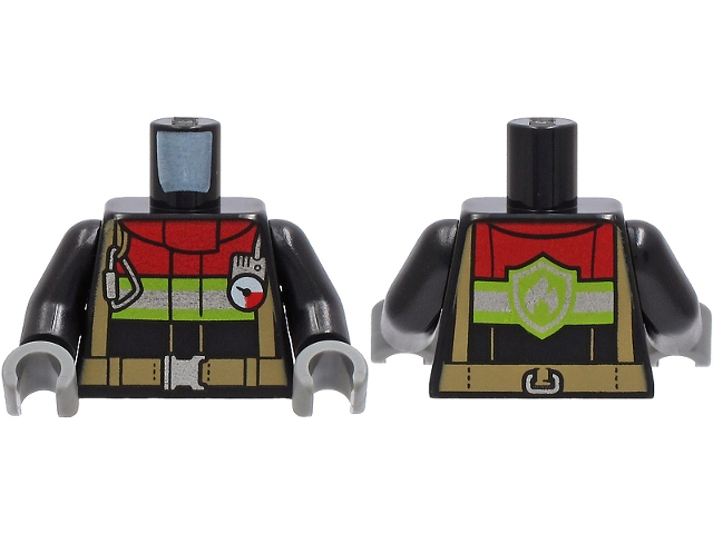 Torso Fire Jacket with Red Collar, Silver and Lime Reflective Stripes, Dark Tan Harness and Belt, Carabiner, and Gauge Pattern / Black Arms / Dark Bluish Gray Hands