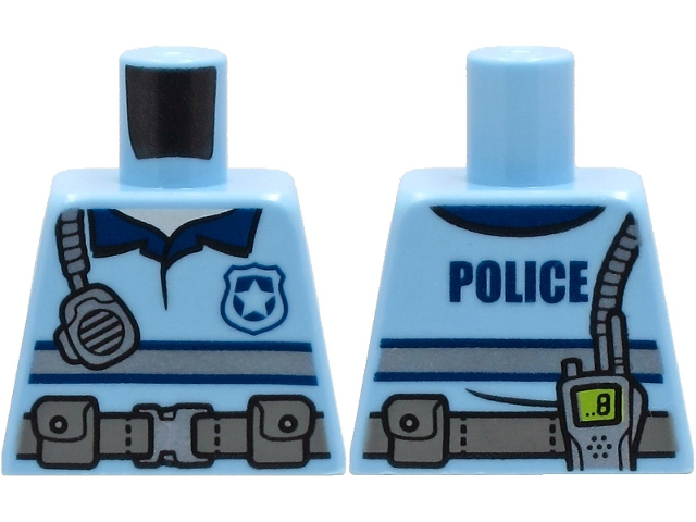 Torso Police Shirt with Silver and Dark Blue Stripes, Utility Belt, Radio and 'POLICE' on Back Pattern