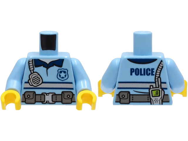 Torso Police Shirt with Silver and Dark Blue Stripes, Utility Belt, Radio and 'POLICE' on Back Pattern / Bright Light Blue Arms / Yellow Hands