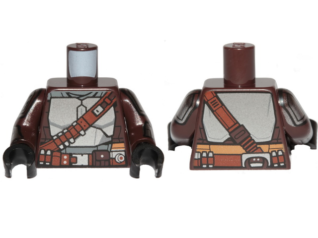 Torso SW Mandalorian Silver Beskar Armor Plates and Reddish Brown Belts Pattern (Din Djarin) / Dark Brown Arms with Silver Beskar Plates Pattern / Black Hands