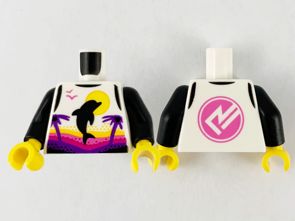 Torso Female Wetsuit with Yellow Sun, Black Dolphin, Dark Purple Palm Trees, Dark Pink Logo on Back Pattern / Black Arms / Yellow Hands