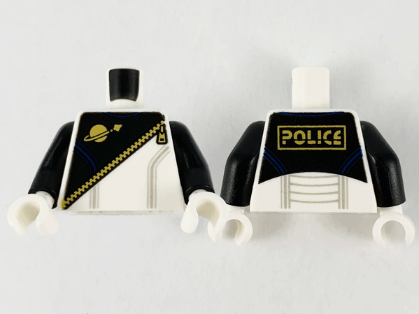 Torso Spacesuit with Black Panel, Gold Zipper and Classic Space Logo, Light Bluish Gray Lines, 'POLICE' on Back Pattern / Black Arms / White Hands