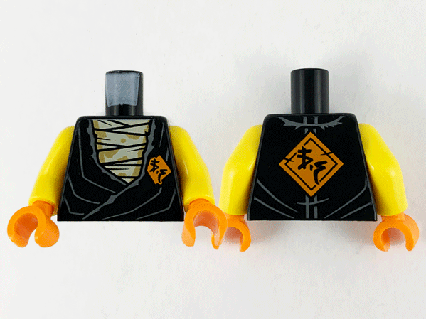 Torso Tunic over Tan Wrappings, Orange Diamond with Black Ninjago Logogram 'VS' on Lapel and Back Pattern / Yellow Arms / Orange Hands
