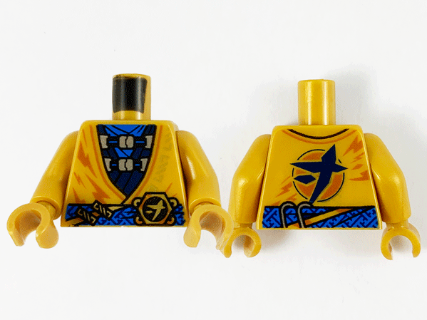Torso Tunic, Blue Scarf, Dark Blue Vest and Gold Ninjago Logogram Letter J on Buckle Pattern / Pearl Gold Arms / Pearl Gold Hands