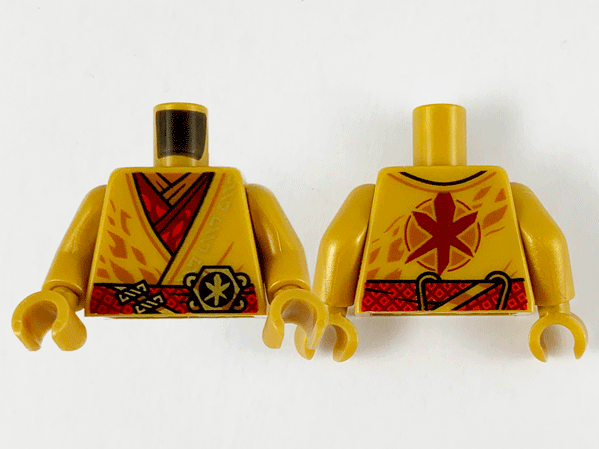 Torso Tunic Dark Orange Flames, Medium Nougat and Dark Red Inner Layers and Red Sash Pattern / Pearl Gold Arms / Pearl Gold Hands