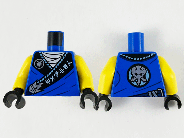 Torso Tunic, White Shirt, Wide Black Hems with White Ninjago Logogram 'MASTER' on Hem and Silver Octopus Pattern / Yellow Arms / Black Hands