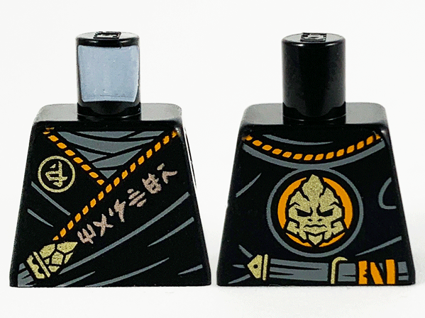 Torso Tunic, Dark Bluish Gray Shirt, Orange Hem, Copper and Gold Ninjago Logogram 'MASTER' and Gorilla Pattern
