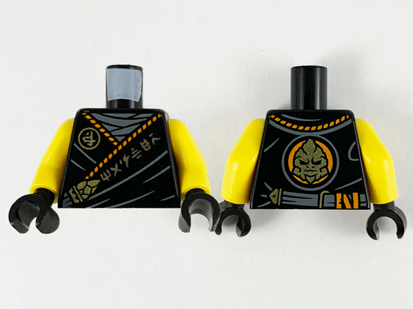 Torso Tunic, Dark Bluish Gray Shirt, Orange Hem, Copper and Gold Ninjago Logogram 'MASTER' and Gorilla Pattern / Yellow Arms / Black Hands