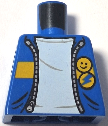 Torso Jacket with Gold Zipper, Yellow Stripe, Smiley Face and Lightning Bolt Buttons over White Shirt Pattern