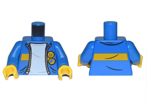 Torso Jacket with Gold Zipper, Yellow Stripe, Smiley Face and Lightning Bolt Buttons over White Shirt Pattern / Blue Arms / Yellow Hands