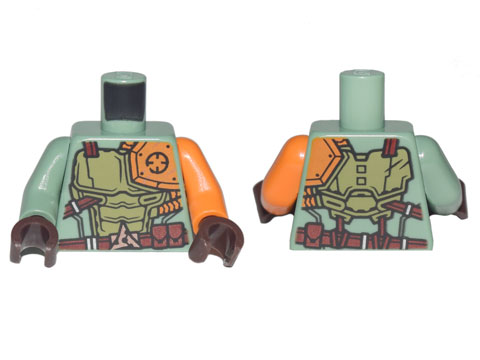 Torso Ninjago Olive Green and Orange Body Armor with Dark Red Belt and 3 Pouches Pattern / Orange Arm Left / Sand Green Arm Right / Dark Brown Hands
