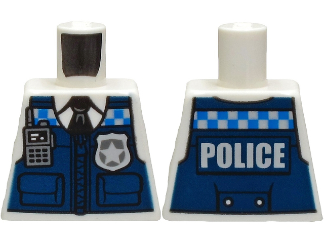Torso Dark Blue Vest over Shirt and Black Tie, Blue and Silver Checkered Stripe, Radio, Badge and 'POLICE' Pattern