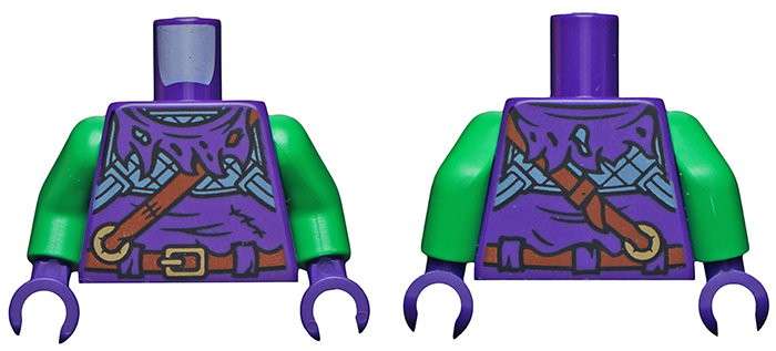 Torso Tattered Tunic with Hood, Reddish Brown Belt, Shoulder Strap and Tan Buckles Pattern / Bright Green Arms / Dark Purple Hands