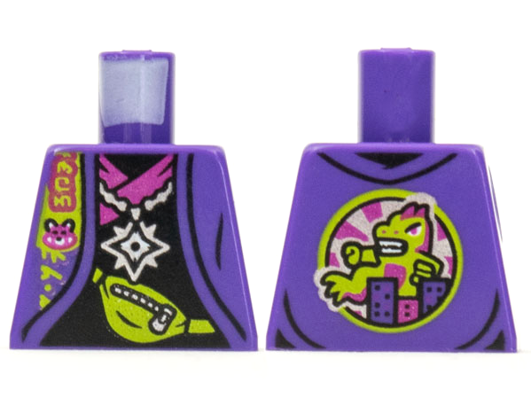 Torso Jacket Black Shirt with Magenta Hem, Silver Star Pendant, Lime Pouch with Zipper, Monster on Back Pattern