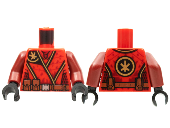 Torso Tunic, Gold Ninjago Logogram Letter K, Dark Red Mesh, Reddish Brown Belt Pattern / Dark Red Arms / Black Hands