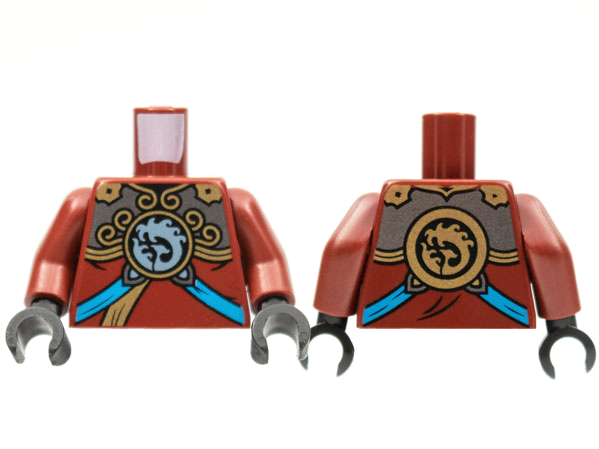 Torso Gold and Dark Silver Armor, Metallic Light Blue Nya Logo and Dark Azure Straps Pattern / Dark Red Arms / Black Hands