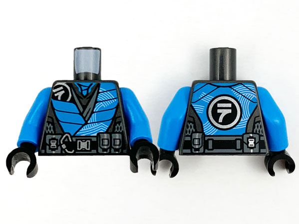 Torso Tunic Pearl Dark Gray Ninjago Logogram Letter N, Dark Azure Panels, Dark Bluish Gray Mesh and Belt Pattern / Dark Azure Arms / Black Hands