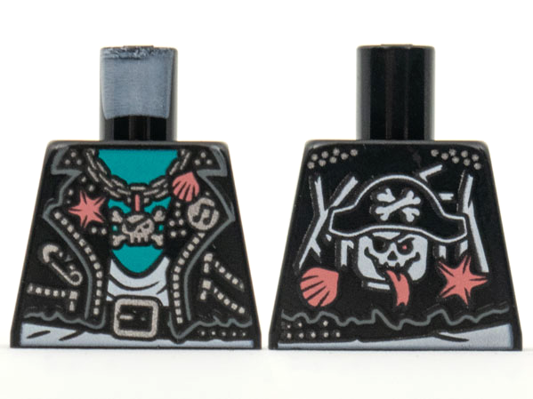 Torso Biker Vest, Coral and Silver Trim with Skull and Crossbones Pendant, White Shirt and Dark Turquoise Chest, Pirate Skull on Back Pattern