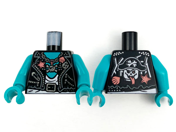 Torso Biker Vest, Coral and Silver Trim with Skull and Crossbones Pendant, White Shirt and Dark Turquoise Chest, Pirate Skull on Back Pattern / Dark Turquoise Arms / Dark Turquoise Hands