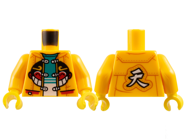 Torso Jacket with Monkie Kid Logo, Dark Turquoise and White Shirt, Chinese Logogram '天' (Sky) Pattern / Bright Light Orange Arms / Yellow Hands