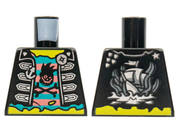 Torso Vest, Silver Clasps, Anchor and Compass Buttons, Shirt Coral and Dark Turquoise Stripes with Black Skull and Crossbones, Pirate Ship on Back Pattern