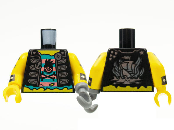 Torso Vest, Silver Clasps, Anchor and Compass Buttons, Shirt Coral and Dark Turquoise Stripes with Black Skull and Crossbones, Pirate Ship on Back Pattern / Yellow Arms with Cuff and Pirate Tattoo Pattern / Dark Bluish Gray Hook Left / Yellow Hand Right