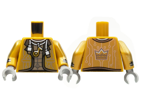 Torso Jacket, White USB Cable Necklace with Music Note and Silver Circuitry, Crown on Back Pattern / Pearl Gold Arms with Cuff and Silver Circuitry / Flat Silver Hands