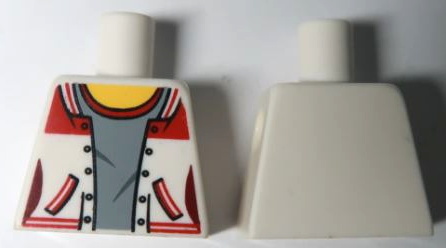 Torso Female Jacket Open, Light Bluish Gray Shirt with Red Collar, Yellow Neck Pattern