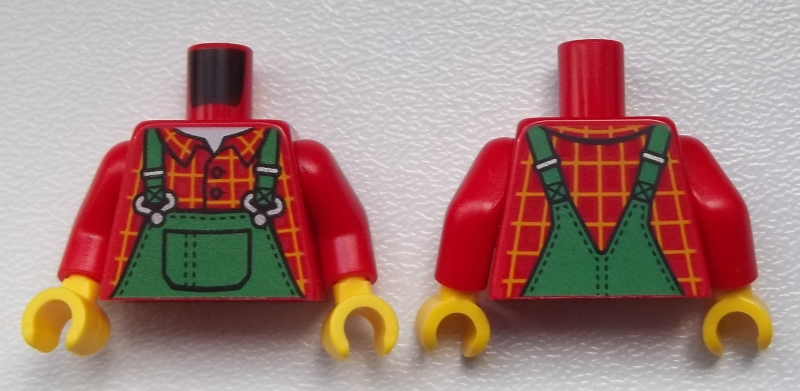 Torso Overalls Green, Bright Light Orange Windowpane Check Shirt, White Undershirt Pattern / Red Arms / Yellow Hands