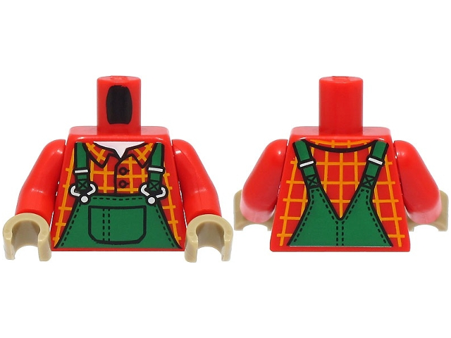 Torso Overalls Green, Bright Light Orange Windowpane Check Shirt, White Undershirt Pattern / Red Arms / Dark Tan Hands (BAM)