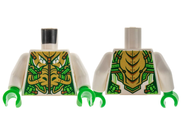 Torso Female Armor Bright Green with Gold Highlights and Dragon Face Pattern / White Arms / Bright Green Hands