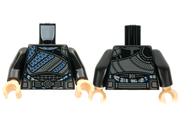 Torso Armor, Dark Bluish Gray Trim, Dark Blue Webbing, Silver Ten Rings Buckle Pattern / Black Arms / Light Nougat Hands