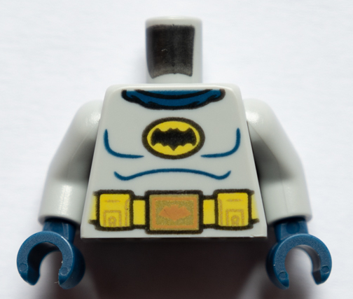 Torso Batman Logo with Dark Blue Muscles, Yellow Utility Belt and Medium Nougat and Gold Buckle Pattern / Light Bluish Gray Arms / Dark Blue Hands