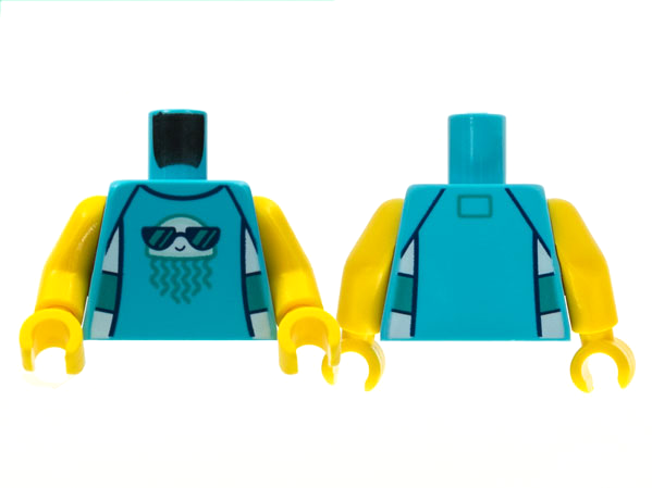 Torso White Jellyfish with Dark Turquoise Tentacles, Black Sunglasses Pattern / Yellow Arms / Yellow Hands