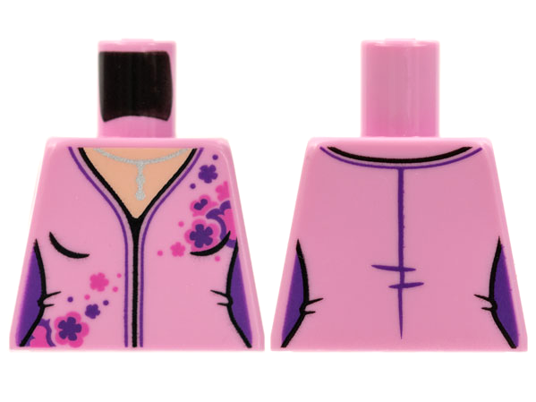 Torso Female V-neck, Silver Necklace, Dark Pink and Dark Purple Flowers Pattern