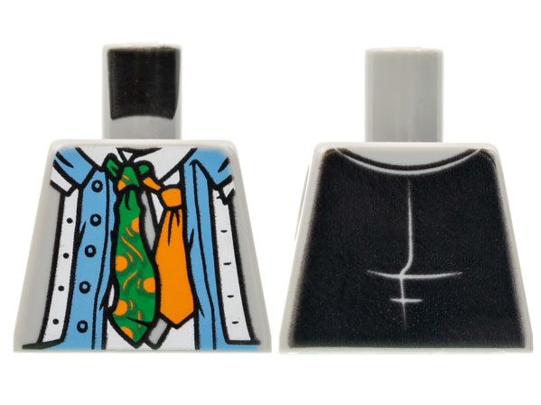 Torso Vest, Medium Blue Open Shirt, White Shirt with Collar, Green, Orange, and Light Bluish Gray Ties Pattern