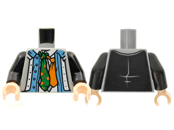 Torso Vest, Medium Blue Open Shirt, White Shirt with Collar, Green, Orange, and Light Bluish Gray Ties Pattern / Black Arms / Light Nougat Hands