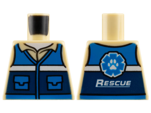 Torso Blue and Dark Blue Vest with Pockets and White Stripe over Shirt with Collar, Undershirt, Paw Print Logo and 'RESCUE' on Back Pattern