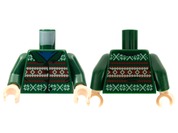 Torso Fair Isle Cardigan Sweater with Red and White Stripes across Middle over Blue Shirt Pattern / Dark Green Arms / Light Nougat Hands