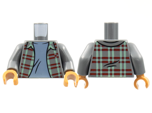 Torso Flannel Shirt with Dark Red and Sand Green Stripes over Sand Blue T-Shirt Pattern / Dark Bluish Gray Arms / Medium Nougat Hands