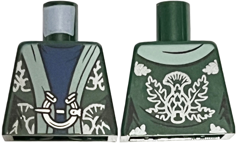 Torso Harry Potter Robe, Sand Green Hem, Dark Blue Dress, Silver Pin Clasp and Thistle Pattern