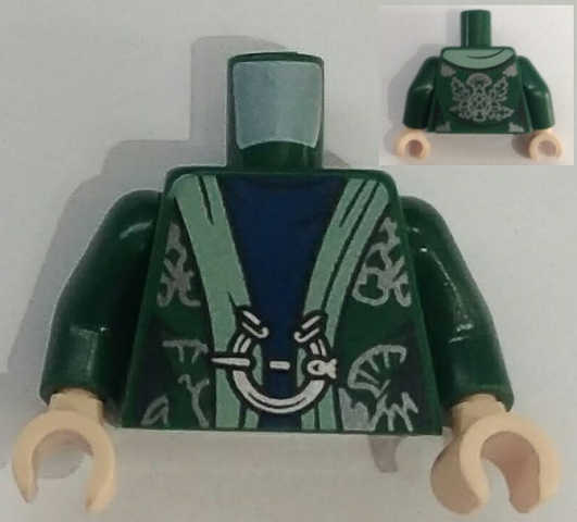 Torso Harry Potter Robe, Sand Green Hem, Dark Blue Dress, Silver Pin Clasp and Thistles Pattern / Dark Green Arms / Light Nougat Hands