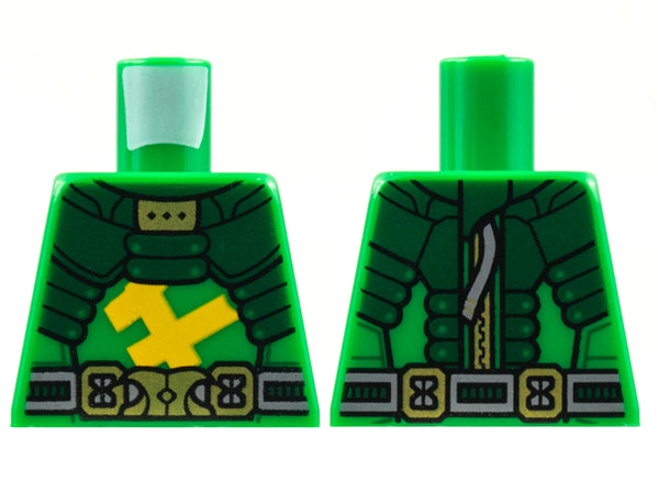 Torso Dark Green Armor, Gold Buckle, Bright Light Orange Bars Pattern