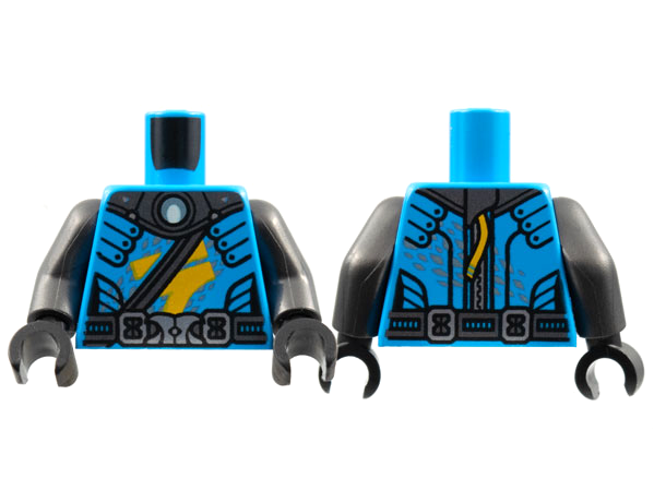 Torso Pearl Dark Gray Collar and Belts, Bright Light Orange Ninjago Logogram Letter N, Metallic Light Blue Speckles Pattern / Pearl Dark Gray Arms / Black Hands