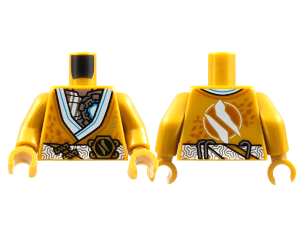 Torso Tunic, White Hems and Belt, Silver Chest with Dark Azure Light, Ninjago Logogram Letter Z Pattern / Pearl Gold Arms / Pearl Gold Hands