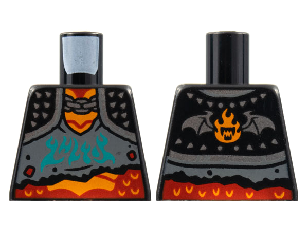 Torso Spiked Shoulder Pads with Silver Chain over Dark Bluish Gray Tattered Shirt with Dark Turquoise Shapes, Red Neck and Stomach with Orange Scales Pattern