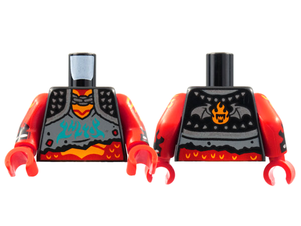 Torso Spiked Shoulder Pads with Silver Chain over Dark Bluish Gray Tattered Shirt with Dark Turquoise Shapes, Red Neck and Stomach with Orange Scales Pattern / Red Arms with Orange Scales and Black Flames Pattern / Red Hands