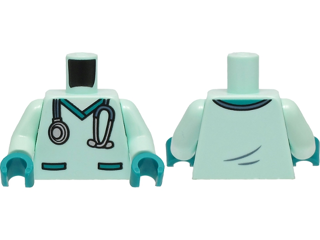 Torso Hospital Scrubs with Dark Turquoise Pockets and Collar and Sand Blue and Silver Stethoscope Pattern / Light Aqua Arms / Dark Turquoise Hands