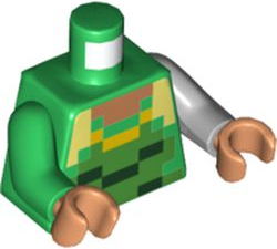 Torso Pixelated Nougat Neck, Bright Green, Dark Green and Yellow Shirt Pattern / Light Bluish Gray Arm Left / Green Arm Right / Nougat Hands