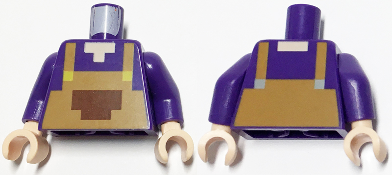 Torso Pixelated Medium Nougat Overalls with Reddish Brown Front Pocket Pattern (Minecraft) / Dark Purple Arms / Light Nougat Hands